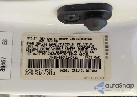 2010 Toyota Corolla Le from USA, damaged, VIN 1NXBU4EEXAZ240722